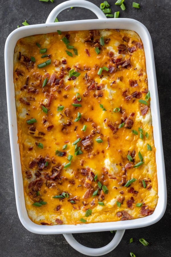 Baking dish with Twice Baked Potato Casserole.