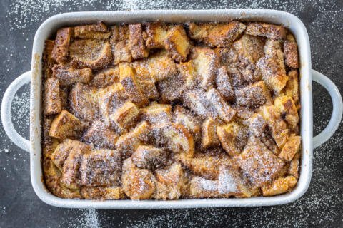 French Toast Casserole in a baking pan.