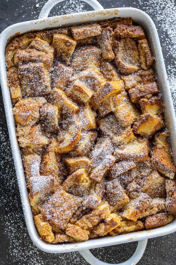 Overnight French Toast Casserole in a baking pan.