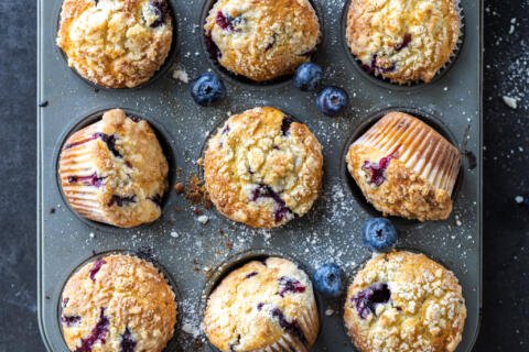 Baking pan with Blueberry Muffins.