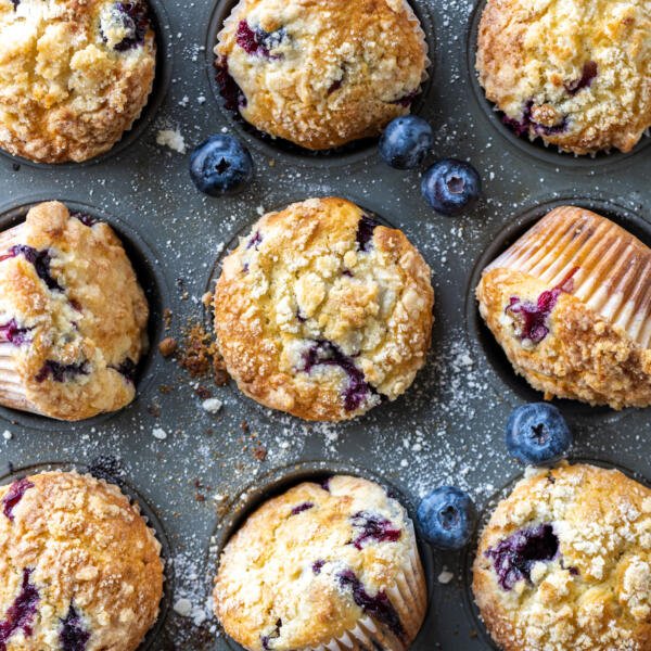 Baking pan with Blueberry Muffins.