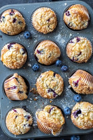 Blueberry Muffins in a baking pan.