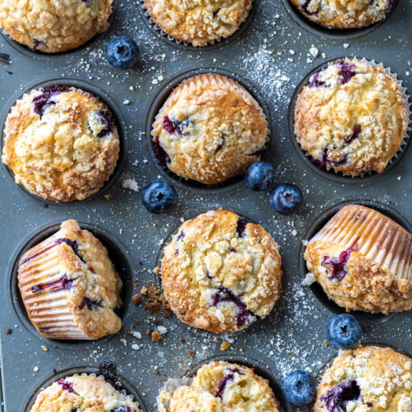 Blueberry Muffins in a baking pan.