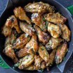A pan with Garlic Parmesan Wings.