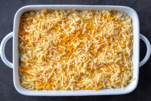 Mac and cheese topped with grated cheese.