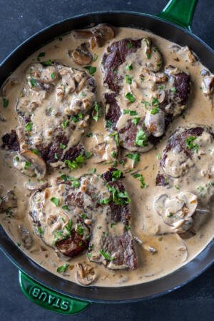 Steak in a pan with with creamy mushroom sauce.