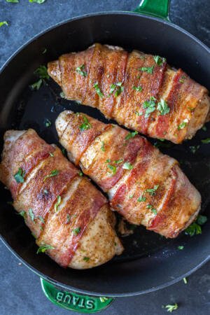 Pan with Bacon Wrapped Chicken Breasts.