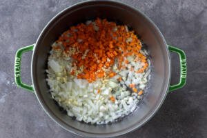 Pot with carrots, onions and garlic.