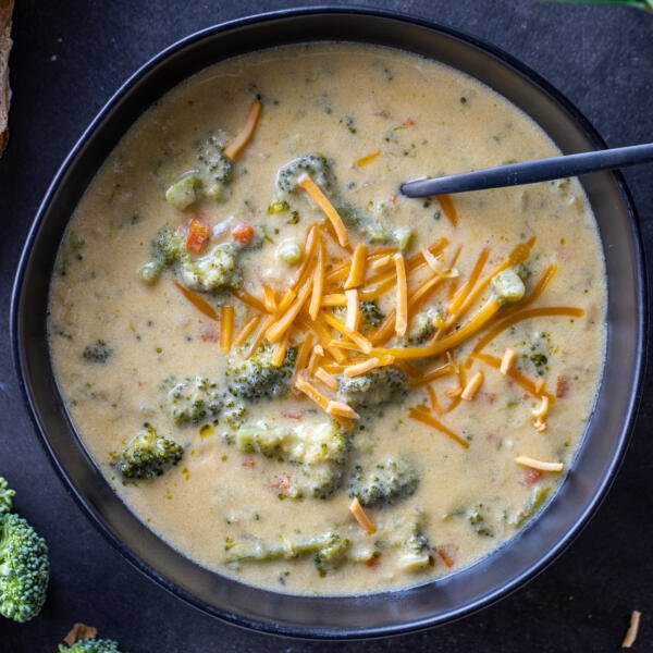 Broccoli Cheddar Soup in a serving bowl.