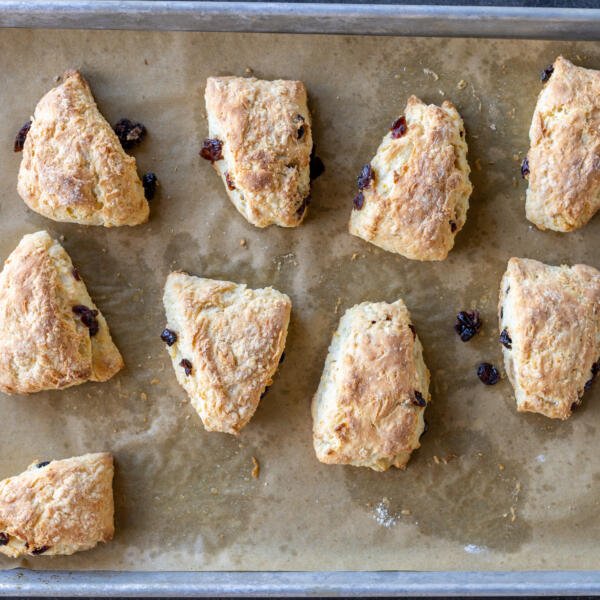 Baked scones on a baking sheet.