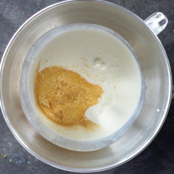 Heavy cream, condensed milk and vanilla in a mixing bowl.