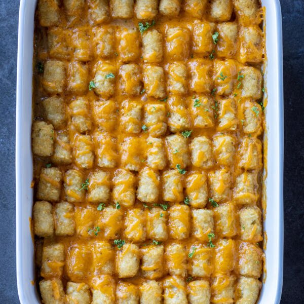 Tater Tot Casserole baked in a pan.