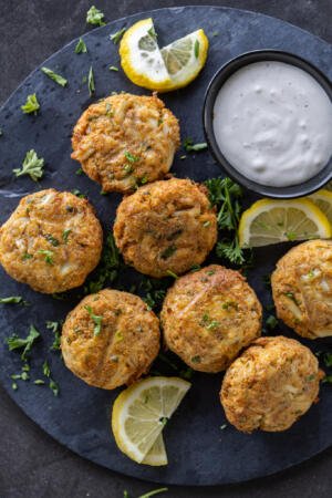 Air Fryer Crab Cakes with dipping sauce.