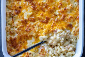 Baked Mac and Cheese with a spoon.