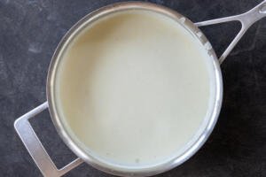 Cream and milk added to the pot with butter flour mixture.