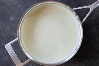 Cream and milk added to the pot with butter flour mixture.