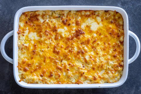 Baked Mac and Cheese in a baking pan.