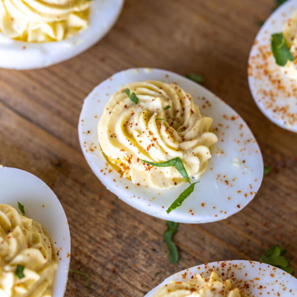 Deviled Eggs on a serving tray.
