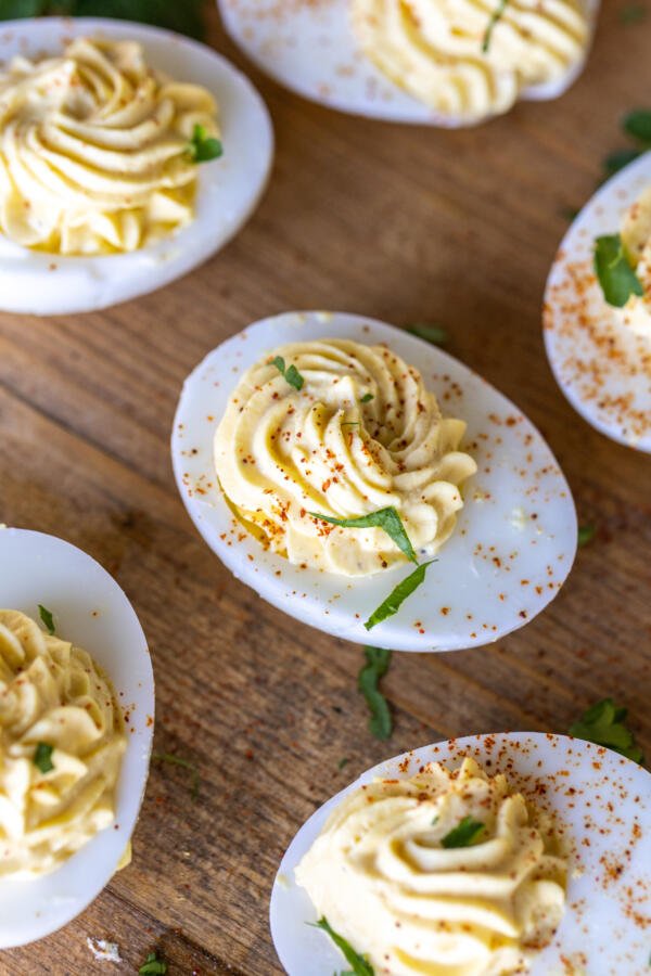 Deviled Eggs on a serving tray.