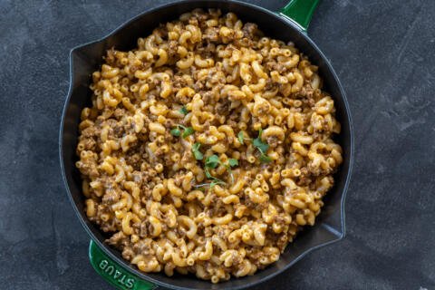 Homemade Hamburger Helper in a pan.