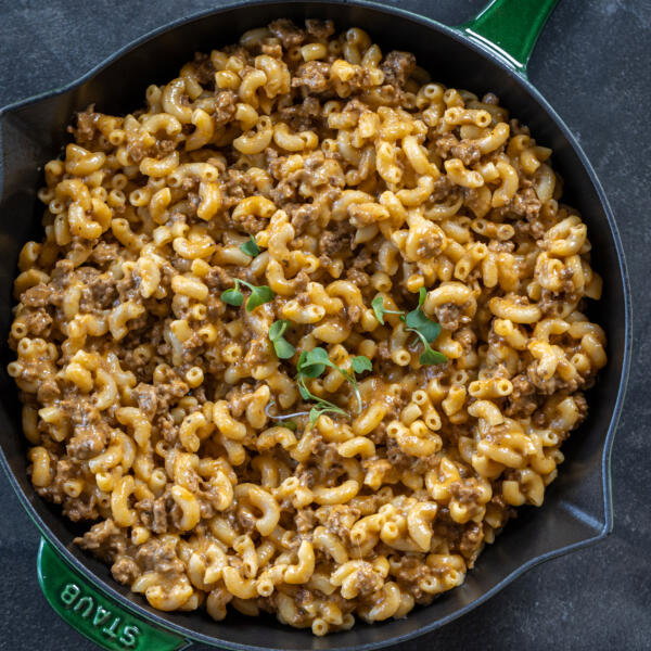 Homemade Hamburger Helper in a pan.