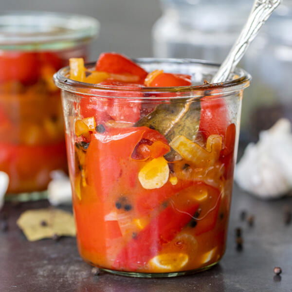 Jars with Marinated Red Bell Peppers.