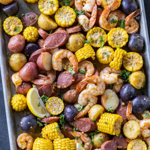 Baking sheet with shrimp boil.