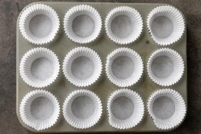 Muffin pan lined with paper liners.