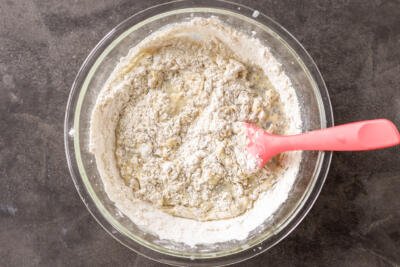 Dry ingredients added to the liquids.