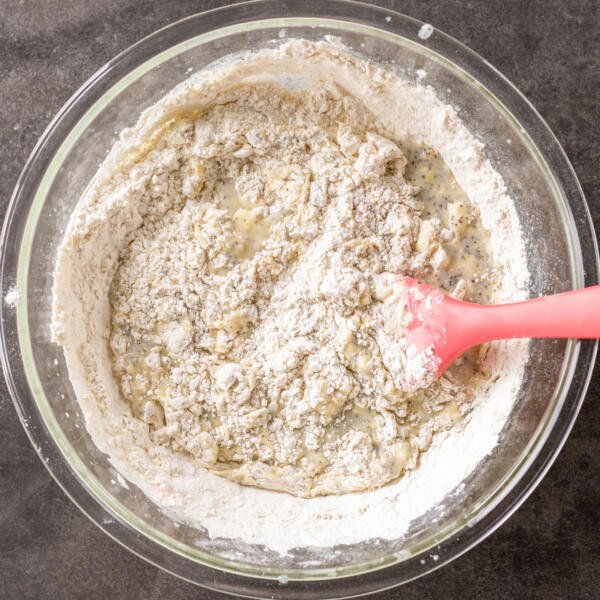 Dry ingredients added to the liquids.