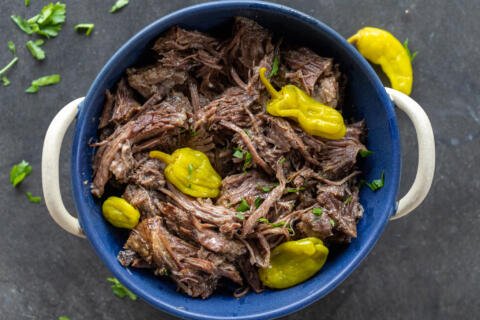 A bowl with Mississippi Pot Roast.