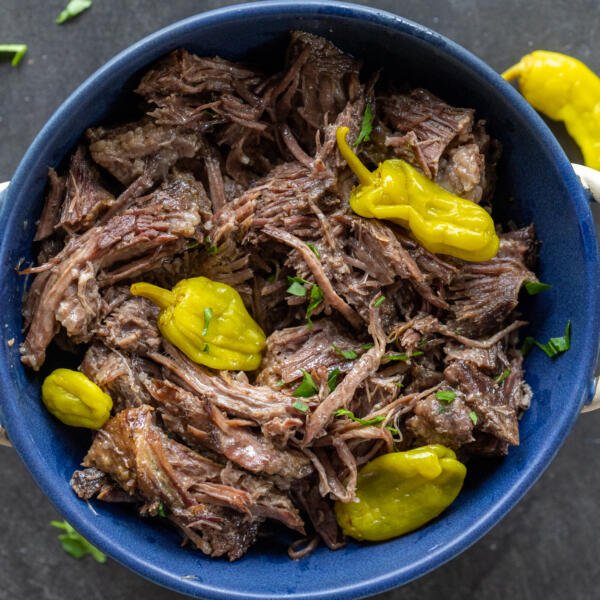 A bowl with Mississippi Pot Roast.