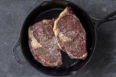 Steak on a pan.