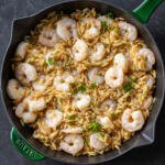 Shrimp Orzo in a cooking pan.