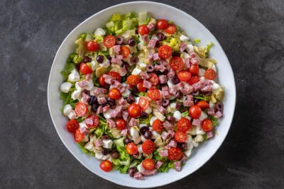 Bowl with Antipasto Salad ingredients.