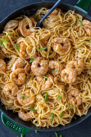 Bang Bang Shrimp Pasta in a pan.