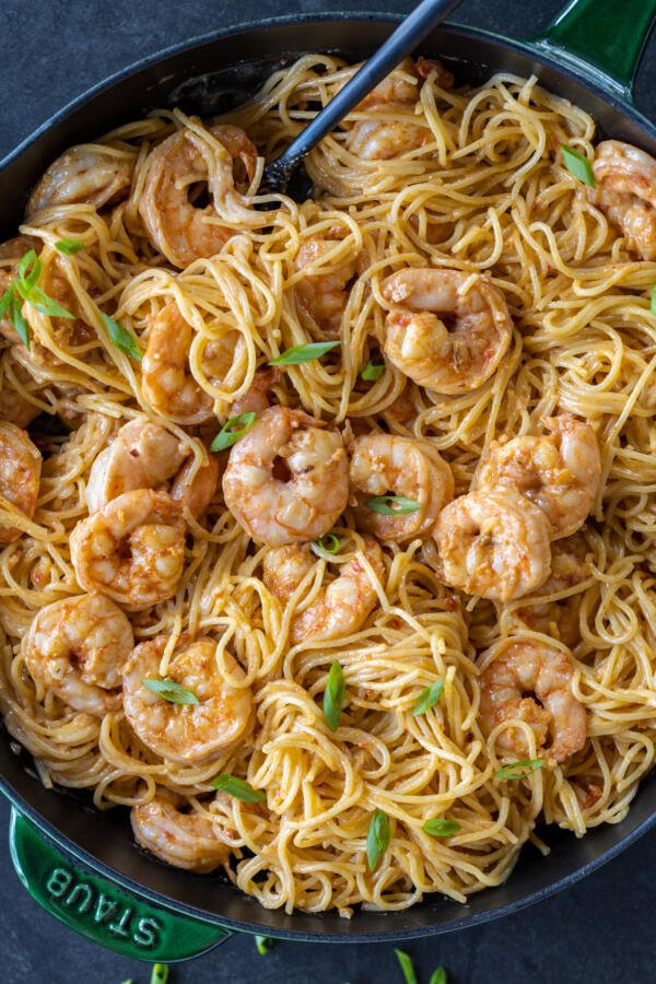 Bang Bang Shrimp Pasta in a pan. 