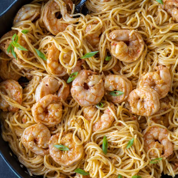 Bang Bang Shrimp Pasta in a pan.