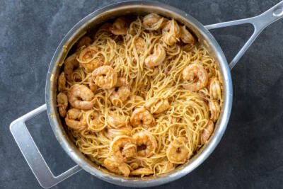 Cooking pan with Bang Bang Shrimp Pasta.