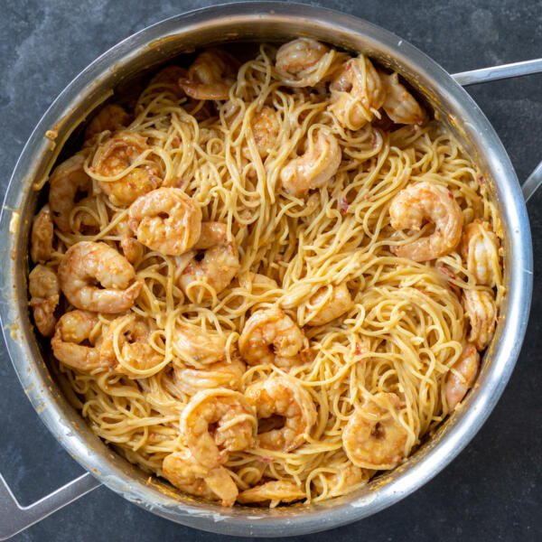 Cooking pan with Bang Bang Shrimp Pasta.