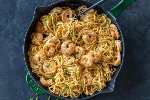 Serving pan with Bang Bang Shrimp Pasta.