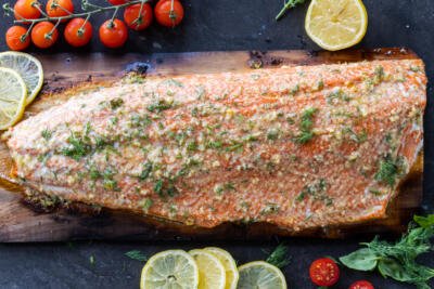 Grilled Cedar Plank Salmon on a serving tray.