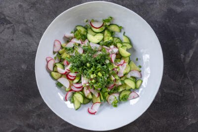 Cucumbers, radish, green onions and herbs.