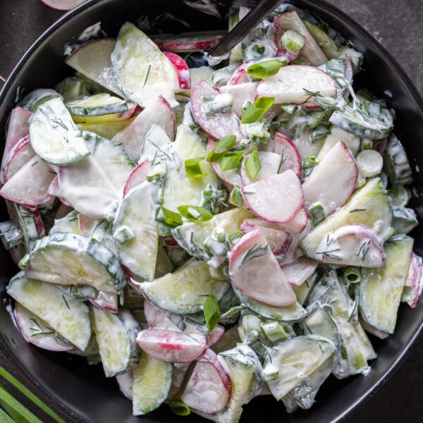 Bowl of Creamy Cucumber Radish Salad.