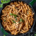 Serving pan with Creamy Penne Alla Vodka.