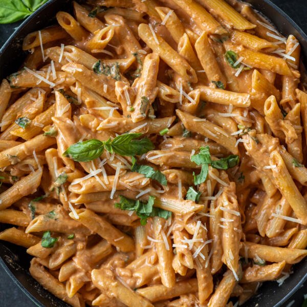 Creamy Penne Alla Vodka in a pan.