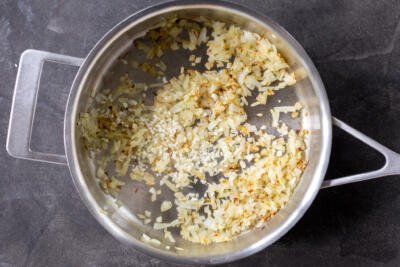 Onion and garlic in a pan.