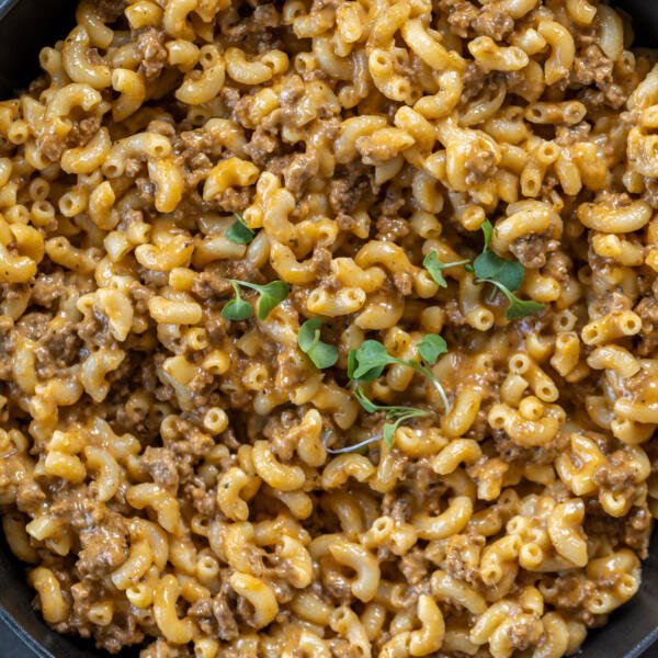 Serving pan with Homemade Hamburger Helper.