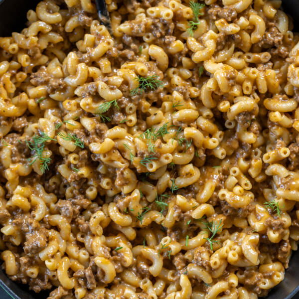 Serving pan with Homemade Hamburger Helper.