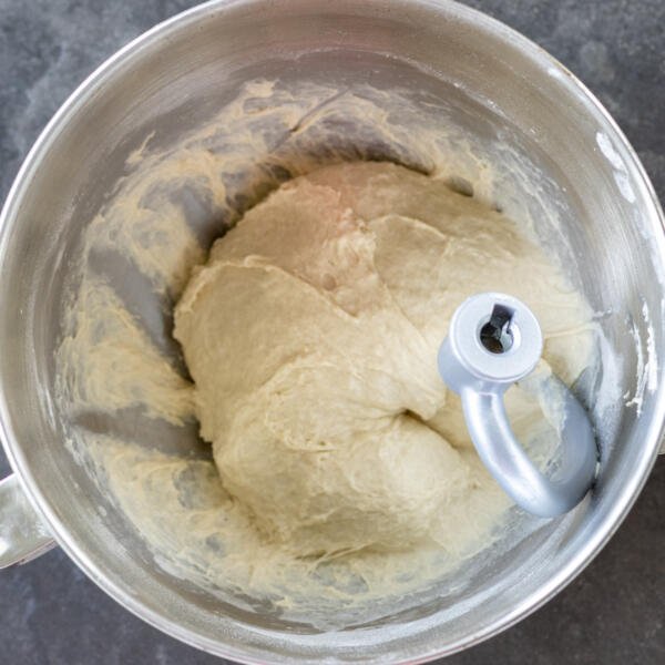 Kneaded dough in a mixing bowl.
